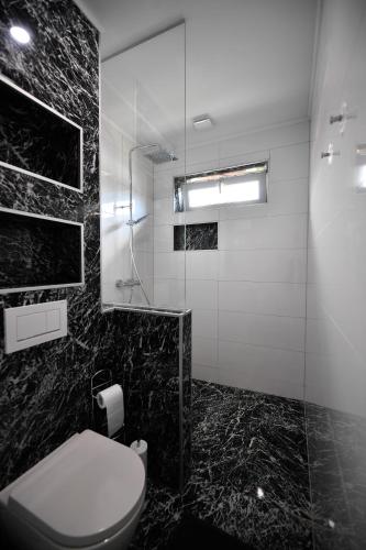 a bathroom with a toilet and a glass shower at CASA BOX PREMIUM free garage in Maribor