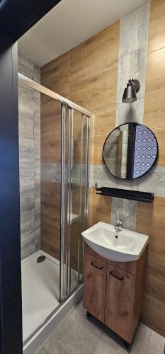 a bathroom with a shower and a sink at Pokoje nad Nysą Olszyna in Olszyna