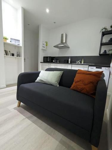 - un canapé bleu avec deux oreillers dans le salon dans l'établissement Le Petit Marius - Lyon 8, à Lyon