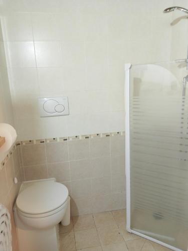 a white bathroom with a toilet and a shower at Cascina Trapella in Terruggia