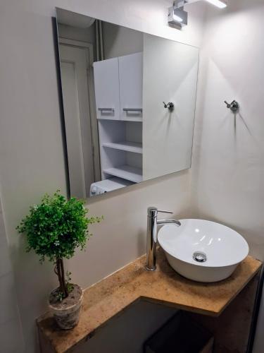 a bathroom with a sink and a mirror at Studio Posh with garden in Kolonaki in Athens