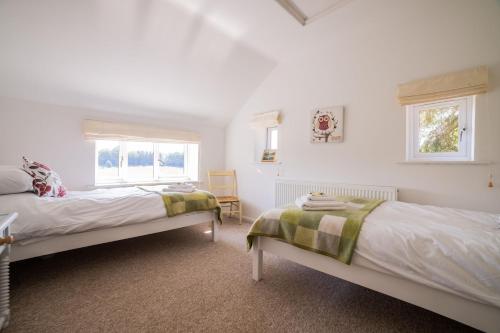 a bedroom with two beds and a window at Holly Cottage in Cranleigh