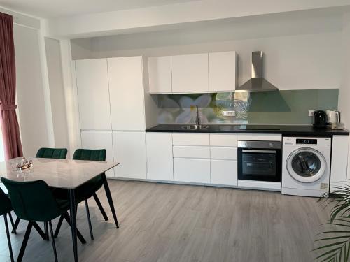 une cuisine avec une table et une machine à laver dans l'établissement Apartament Denisa Baile Felix, à Cordău