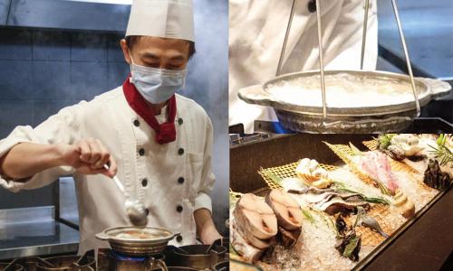 two pictures of a chef preparing food in a kitchen at Queena Plaza Hotel in Yongkang