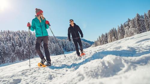 two people are skiing down a snow covered slope at Corona Dolomites Hotel in Andalo