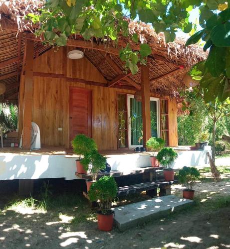 a house with potted plants in front of it at Kendi's Beach Garden in Gubat
