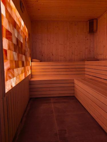 an empty sauna with wooden walls and a tile wall at Juliana Platinum Brad in Brad