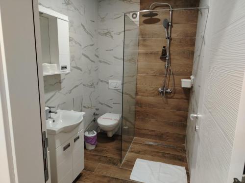 a bathroom with a shower and a toilet and a sink at Spa Koncept-Apartmani in Veliko Gradište