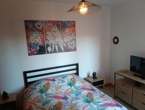 a bedroom with a bed with a colorful comforter and a television at Ma retraite spirituelle - curistes - à 2mn des Thermes et 45 mn de l'Espagne in Amélie-les-Bains-Palalda