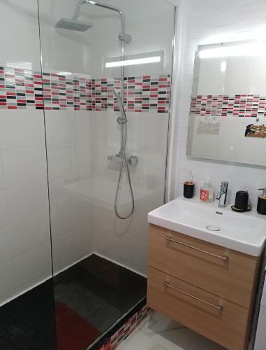 une salle de bain blanche avec une douche et un lavabo dans l'établissement Ma retraite spirituelle - curistes - à 2mn des Thermes et 45 mn de l'Espagne, à Amélie-les-Bains-Palalda