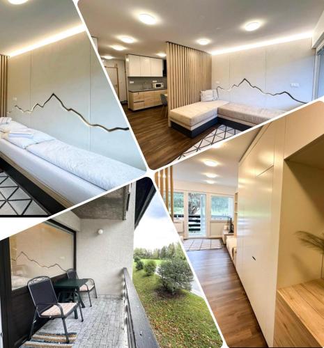 un collage de fotos de una habitación de hotel en Apartma Prisojnik Kranjska Gora, en Kranjska Gora