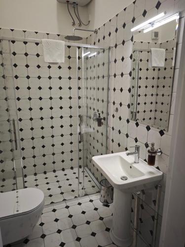 a bathroom with a sink and a shower and a toilet at Barbo Palace Apartments and Rooms in Ljubljana