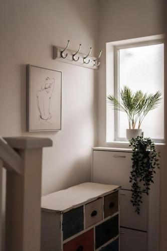 a room with a window with a bench and a plant at Contractor-Friendly 3-Bed, Games Room, Pool Table! in Enfield Lock