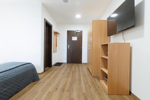 a bedroom with a bed and a tv on a wall at RHOLL Pension & Restaurant in Hámry