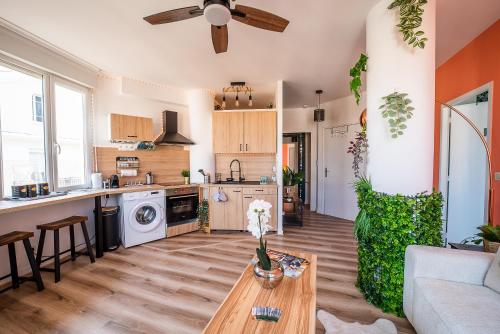 a kitchen and living room with a couch and a table at Le Cosy Perpignan Centre, 2 rooms, 2 bathrooms, free WIFI, free parking, lift, central, renovated, spacious in Perpignan