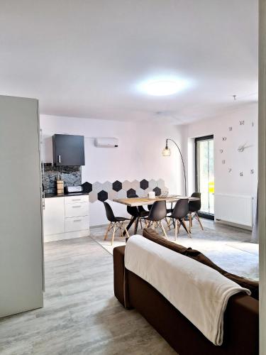 a kitchen and dining room with a table and chairs at apartmán Argentum - Rezidence K Lanovce in Jáchymov