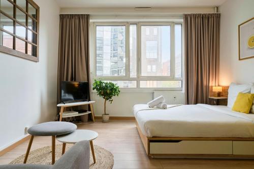 une chambre d'hôtel avec un lit et une télévision dans l'établissement Lille gares studio avec parking sécurisé, à Lille