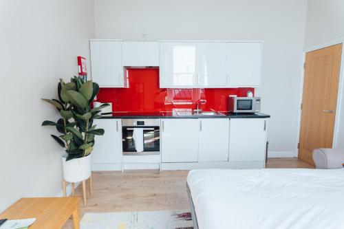 a kitchen with red cabinets and a potted plant at Queens Hotel & Spa in Brighton & Hove