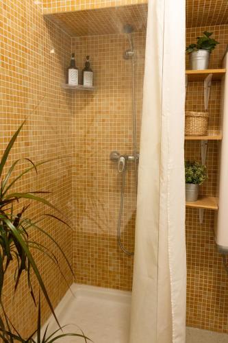 a shower with a glass door in a bathroom at Santos Stay by Madrabica in Lisbon