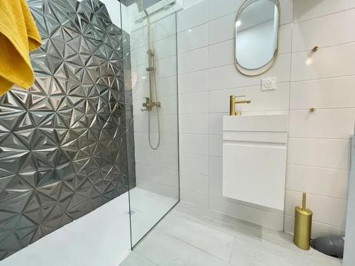 ein Badezimmer mit Dusche, Waschbecken und Spiegel in der Unterkunft Coquet T2 proche de la Mairie in Sète