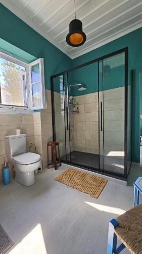 a bathroom with a toilet and a glass shower at Sea House in Galaxidi