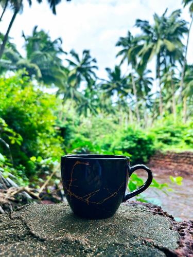 a black coffee cup sitting on top of a rock at Samyama Retreat in Cola