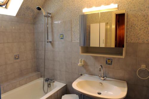 a bathroom with a sink and a tub and a mirror at La garenne in Éguilly-sous-Bois