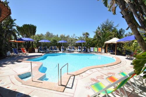 - une piscine avec des chaises longues et des parasols dans un complexe dans l'établissement Villa Eva, à Anacapri