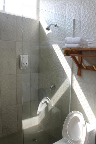 a bathroom with a glass shower with a toilet at Hotel Presidente Beach Playas in Playas