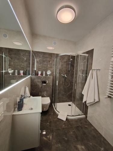 a bathroom with a shower and a sink and a toilet at Apartament Astra - Bliżej Zdroju in Polanica-Zdrój