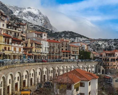 a city with buildings and a mountain in the background at Mons Arachova in Arachova