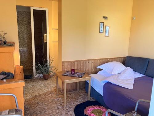 a small bedroom with a bed and a table at Pirts cottage in Kaltene