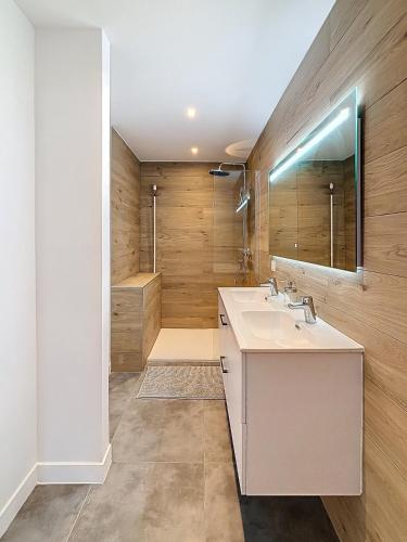 une salle de bain avec un lavabo et un miroir dans l'établissement Penthouse, Terrasse vue Montagne, à Grenoble