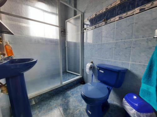 a bathroom with a blue toilet and a sink at Amplio departamento in Loja