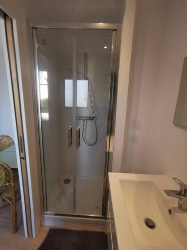 une douche en verre dans une salle de bain avec un lavabo dans l'établissement Studio à Clis, à Guérande