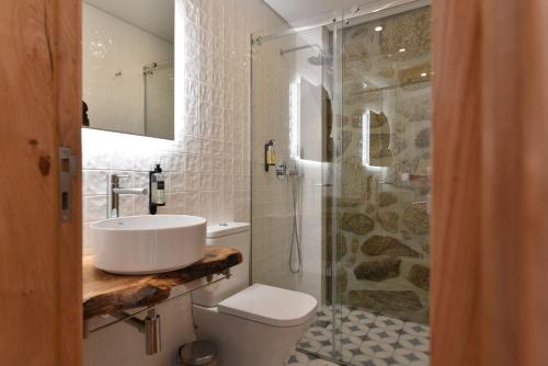 a bathroom with a toilet and a sink and a shower at Feel Discovery Casa da Pedra in Arouca