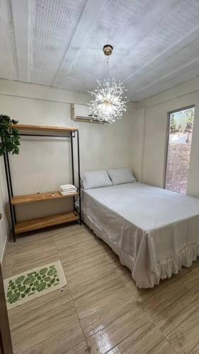 Un dormitorio con una cama y una lámpara de araña. en Nossa House em Alter, en Alter do Chao