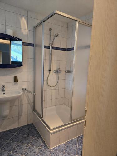 a shower with a glass door in a bathroom at Wald Cafe in Simbach am Inn