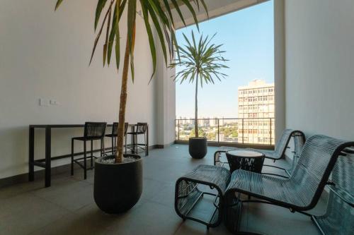 a balcony with benches and a palm tree in a building at Excelente Espaço Centro CA904 in Maringá