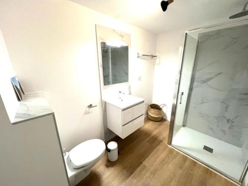une salle de bain avec toilettes, lavabo et douche dans l'établissement Cala Rossa T2 Neuf à 800 m de la mer appart n 81, à Lecci