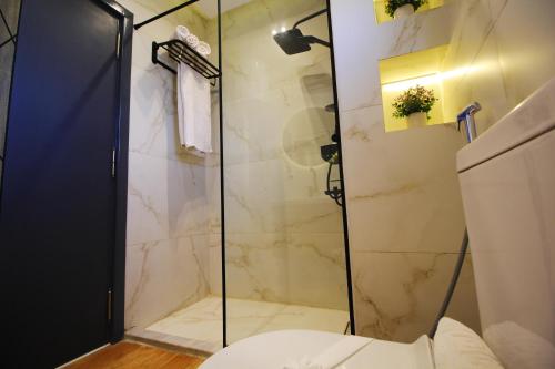 a bathroom with a shower and a toilet at Palm Pyramid View Inn in Cairo