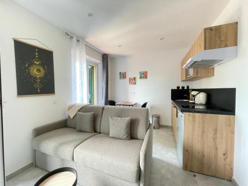 un salon avec un canapé et une cuisine dans l'établissement NEGRIN, à Cannes