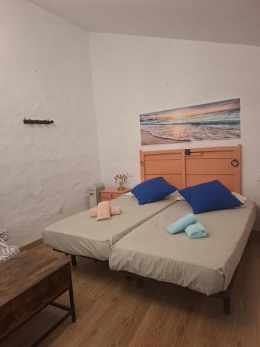 two beds with blue pillows in a room at La madrileña 2 in Casabermeja