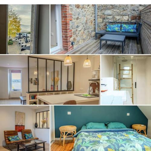 un collage de photos d'une chambre et d'une pièce dans l'établissement Ti Gwer - vue mer - wifi, à Crozon