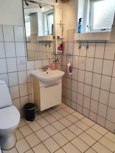 a bathroom with a white toilet and a sink at Cozy basement apartment in the center in Hirtshals