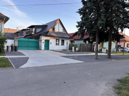 a house with a green door on a street at Ateliér Kráľovič in Hokovce