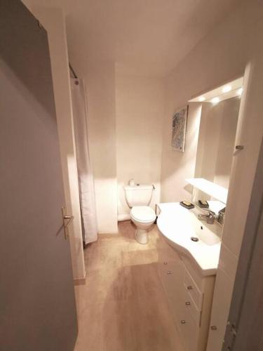 une salle de bain blanche avec des toilettes et un lavabo dans l'établissement Studio rez de jardin à Sainte-Maxime, à Sainte-Maxime