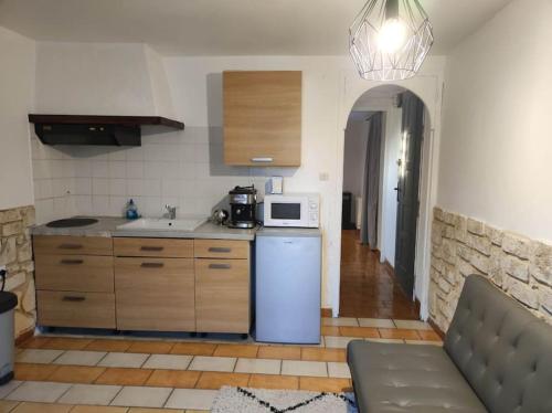 une cuisine avec un réfrigérateur et un micro-ondes dans l'établissement Studio avec chambre Camargue, à Arles