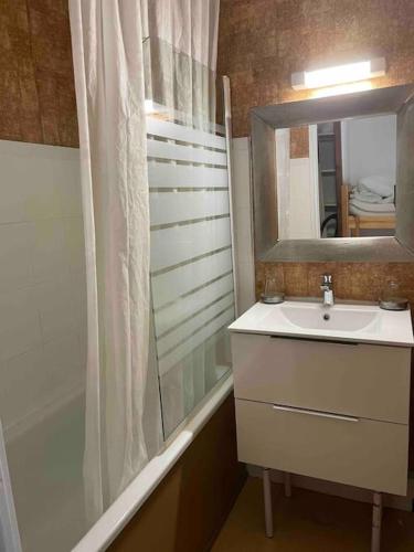 une salle de bain avec un lavabo et une douche avec un miroir dans l'établissement La Mascotte de Sète studio cabine Pking, à Sète