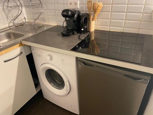 une cuisine avec une machine à laver et un évier dans l'établissement Appartement Pasteur Rue de Vaugirard, à Paris